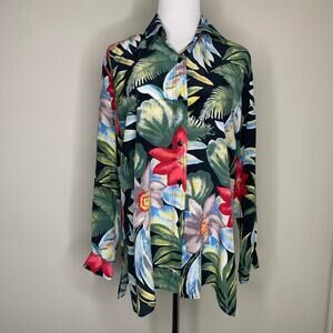 Vintage Italian Silk Blouse Tropical Floral Print Coastal Resortwear Sz Large